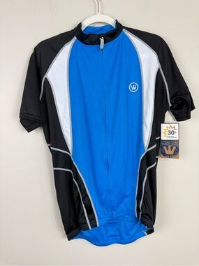 Canari Full Zip Cycling Racing Jersey Mens XL Black Short Sleeve Blue White NWT